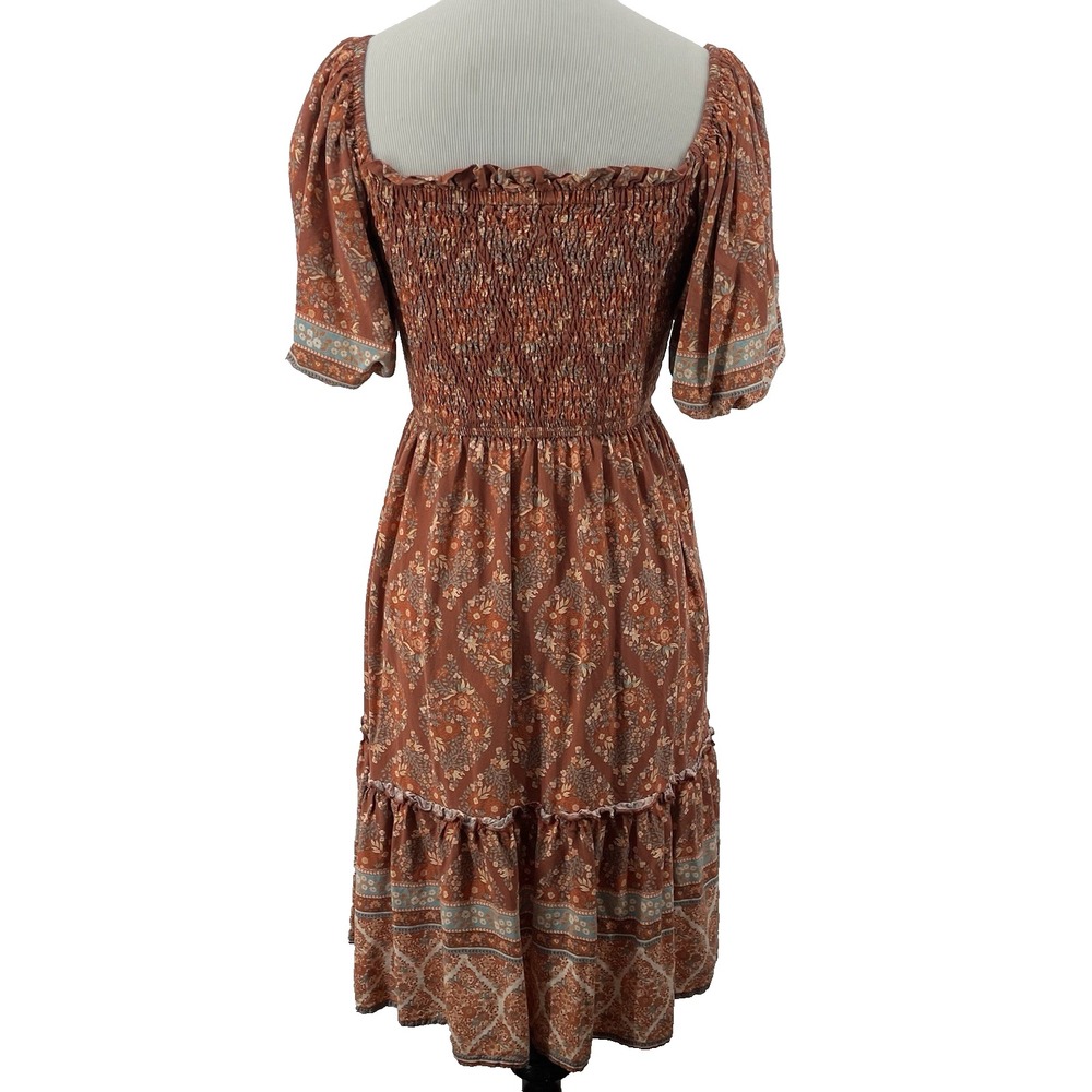 Iris Mi Size Small Smocked Mini Dress Rust Floral Boho Puff Sleeve Women - Picture 5 of 8